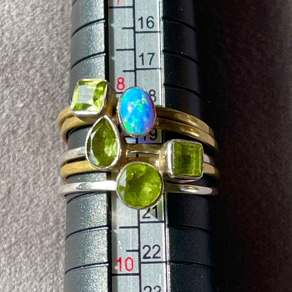 Stacked ring with Peridot, Opal, sterling silver and brass